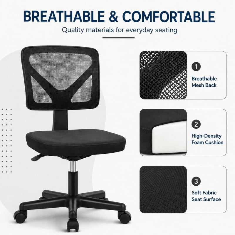 BEAUTYPEAK Desk Chair with Y-Shaped Lumbar Support Adjustable Armless Mesh Office Chair with Wheels for Home Office, Black
