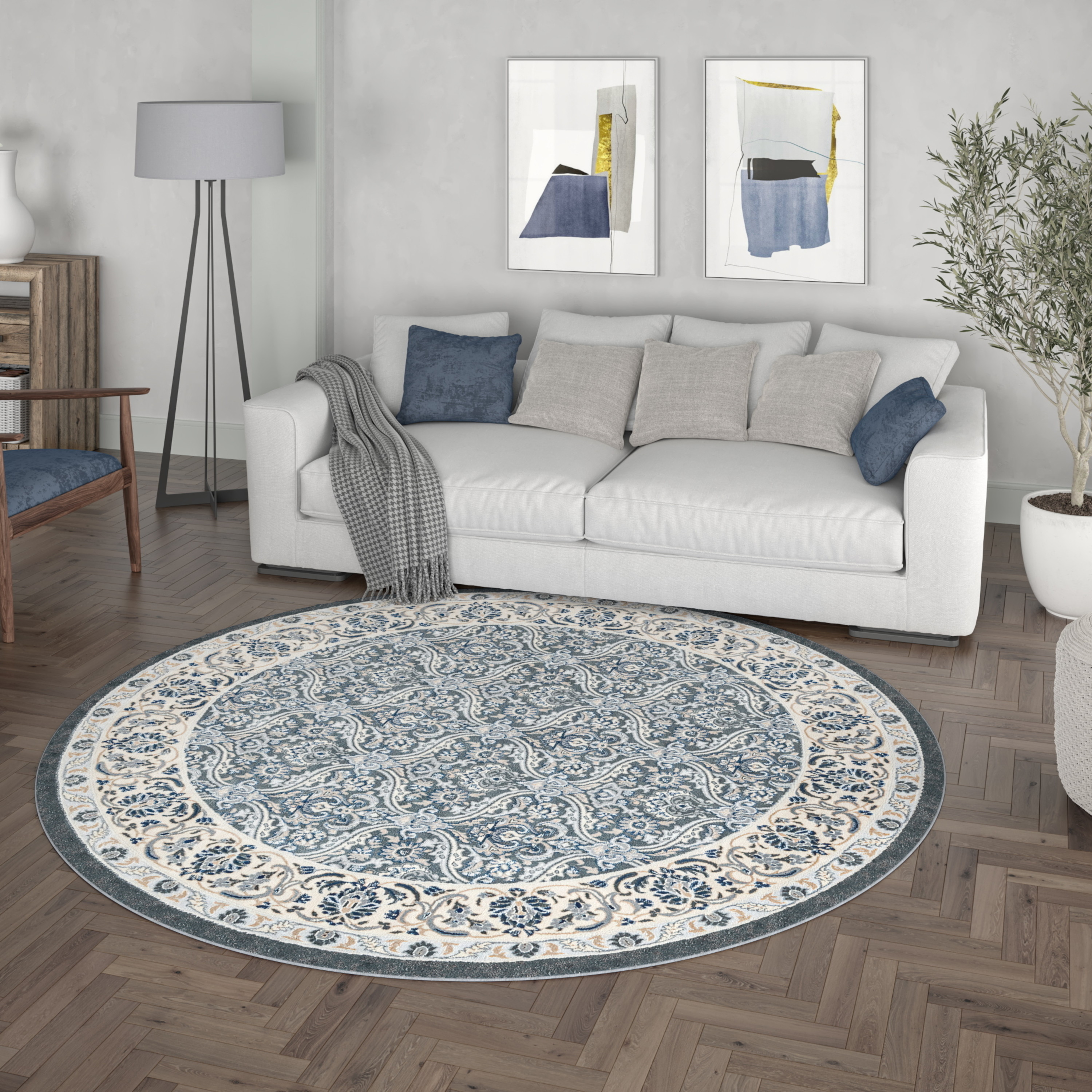 Madison Traditional 5' Round Dark Gray Polypropylene Indoor Area Rug