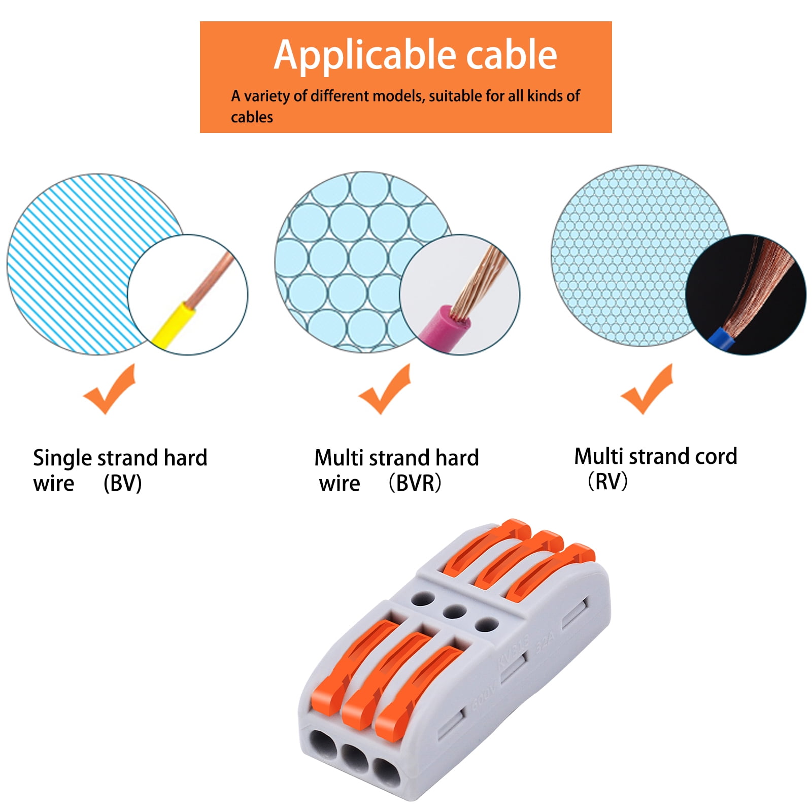GREENCYCLE 3 Conductor Compact Connectors Lever-Nut Wire Connectors for 2 or 3 Circuit Inline Splices 28-12 AWG ,one-to-one quick terminal block splicing type (50 Pcs)