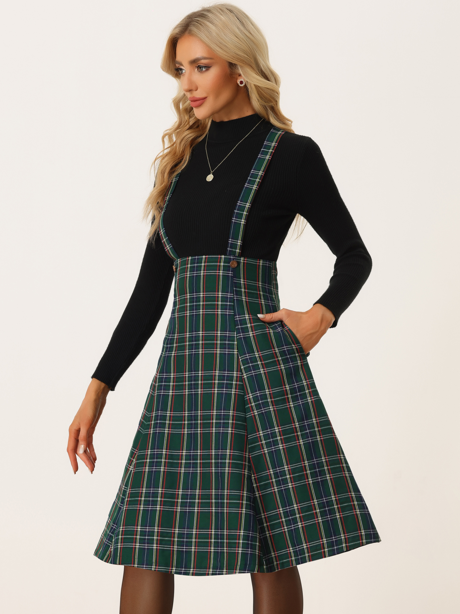 DARING DIVA Women's Tartan Pinafore Plaid Midi Suspender Skirt XL Green