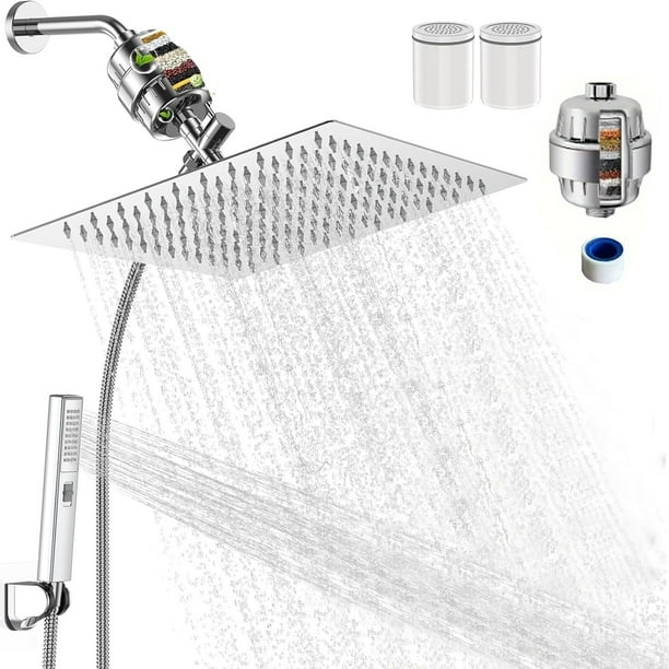 Regadera para Baño con Filtro, 10" Combo de Cabezal de Ducha de Lluvia de Alta Presión con Ducha de Mano, 2 Cartuchos Filtro Reemplazables, Manguera de 1,5 Metros y Todos Los Accesorios, Plata