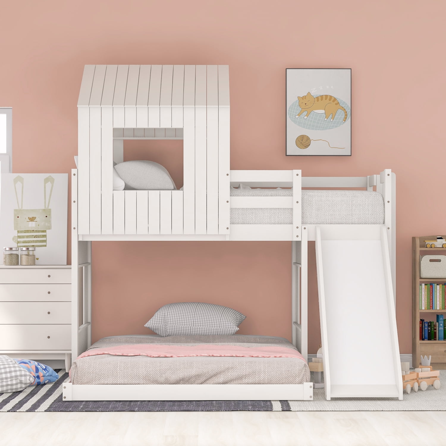 Twin Over Full Wooden Loft Bed, Bunk Bed with Playhouse, Farmhouse