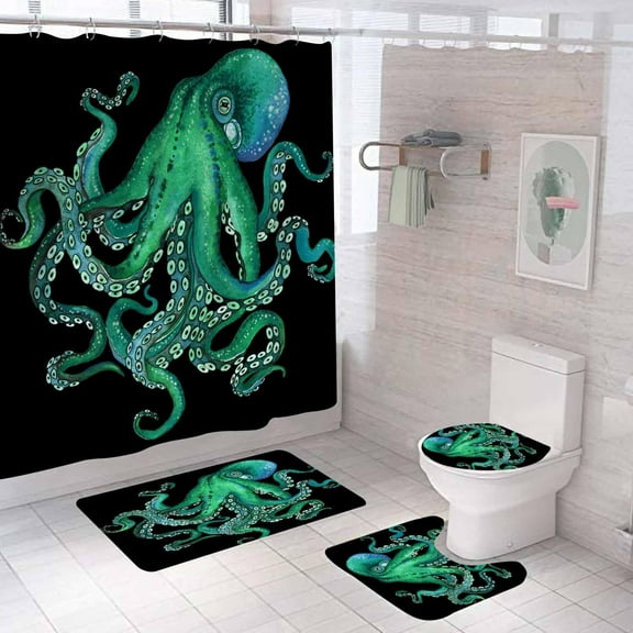 4PCS Red Octopus Shower Curtain Sets with Rugs, Waterproof Fabric Colorful Shower Curtain, Funny Animal Sea Ocean Monster Kraken Tentacles Marine Life Nautical Bathroom Decor, Octopus Decor