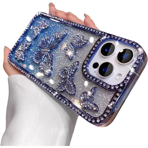Glitter Butterfly Shiny Case for iPhone 16 15 14 13 12 11 Pro Max Plus Diamond Bling Sparkly Rhinestone Girls Pink Cute Cover(for iPhone 13 Pro/Blue)