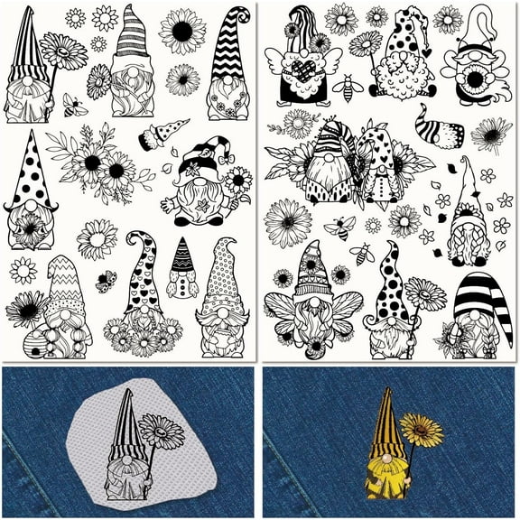 38Pcs Gnome Sunflower Water Soluble Embroidery Stabilizers Patterns Dwarf Spring Hand Sewing Stick and Stitch A4 Transfers Fabric Wash Away Pre-Printed Self Adhesive for Cloth Sewing Lovers DIY