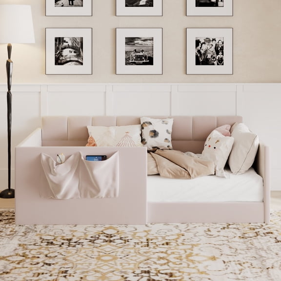 Pink Twin Size Daybed Velvet Upholstered Sofa Bed with High Side Panels – Mdf, Space-Saving, Storage, for Living Room