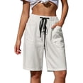 thumbnail image 2 of Cagogo Women Plus Size Bermuda Shorts Elastic Waist Casual Loose Shorts with Pockets Summer Drawstring Wide Leg Cropped Pants Lounge Beach Travel Trousers, White 3XL, 2 of 7