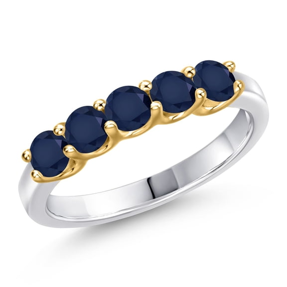 Gem Stone King 925 Silver and 10K Yellow Gold Blue Sapphire Wedding-Bands Ring for Women | 1.10 Cttw | Round 3.5MM | Gemstone September Birthstone | Size 7