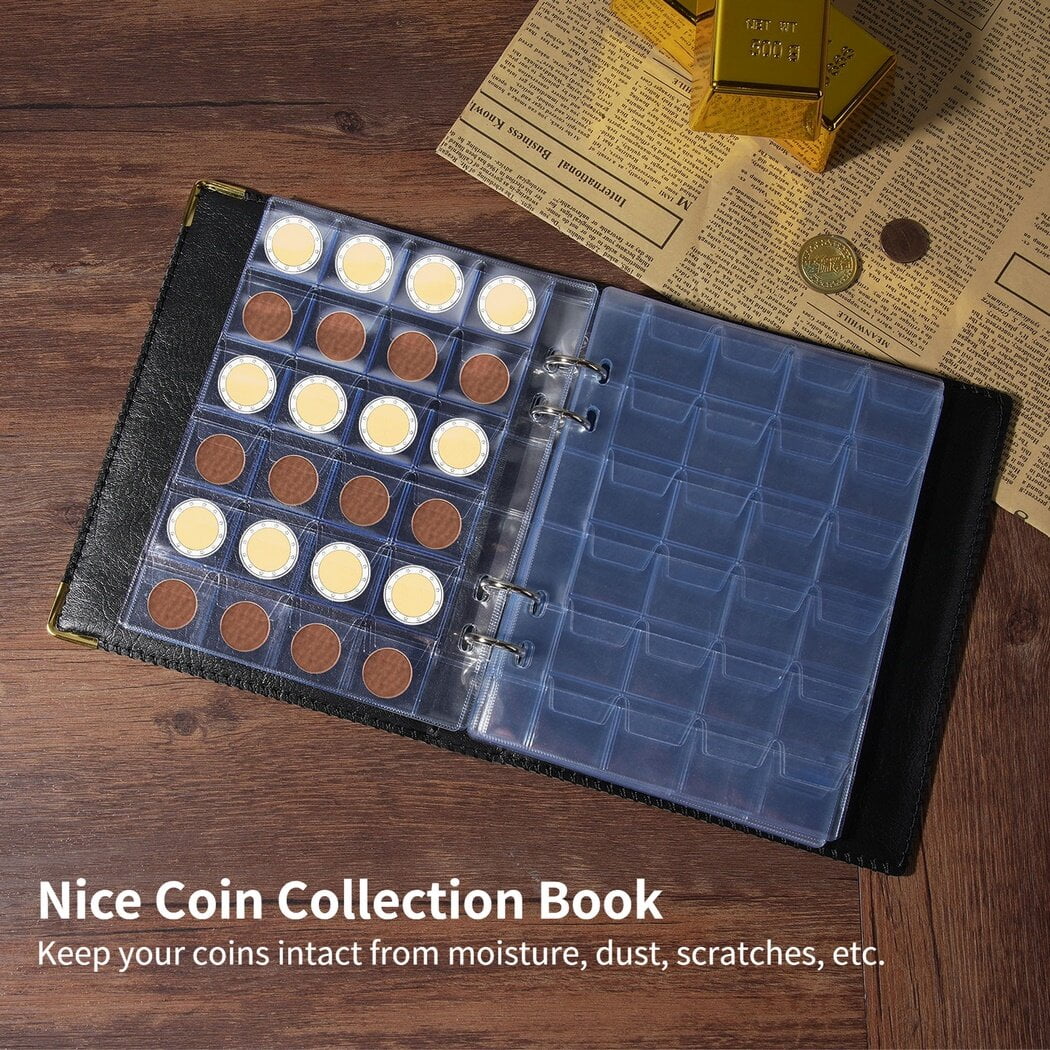 Coofit Coin Collection Book Black Leather 480 Pockets Organizer