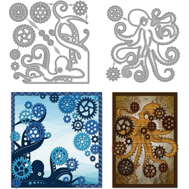 Troqueles de corte de metal con forma de engranajes de pulpo para la fabricación de tarjetas. Plantilla de repujado de acero al carbono con forma de tentáculo de pulpo estilo steampunk.
