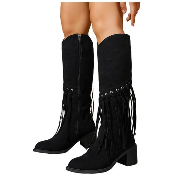 Women's Knee High Boots with Long Fringe Tassel Fashion Suede Pointed Toe Chunky Mid Heel Wide Calf Long Tall Dress Boots Black Size 6.5