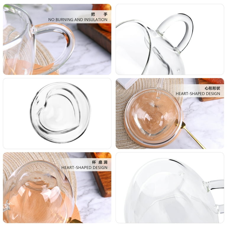 CnGlass 250ml/8.5oz Double Wall Heart Shaped Glass Coffee Mugs