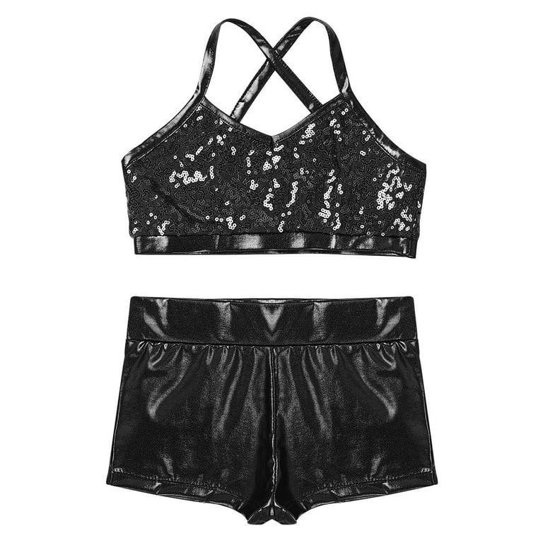 DPOIS Kids Girls Sequins Sports Dance Outfit Crop Top Booty Shorts