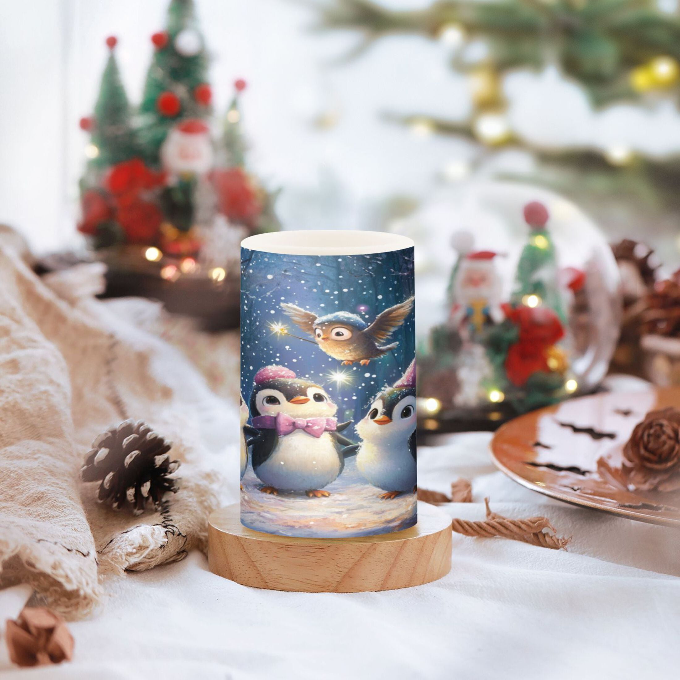 WOBOGO Size Combo Candle Flickering Flameless with Remote Control and Timer for Romantic Atmosphere Three Cute Cartoon Penguins