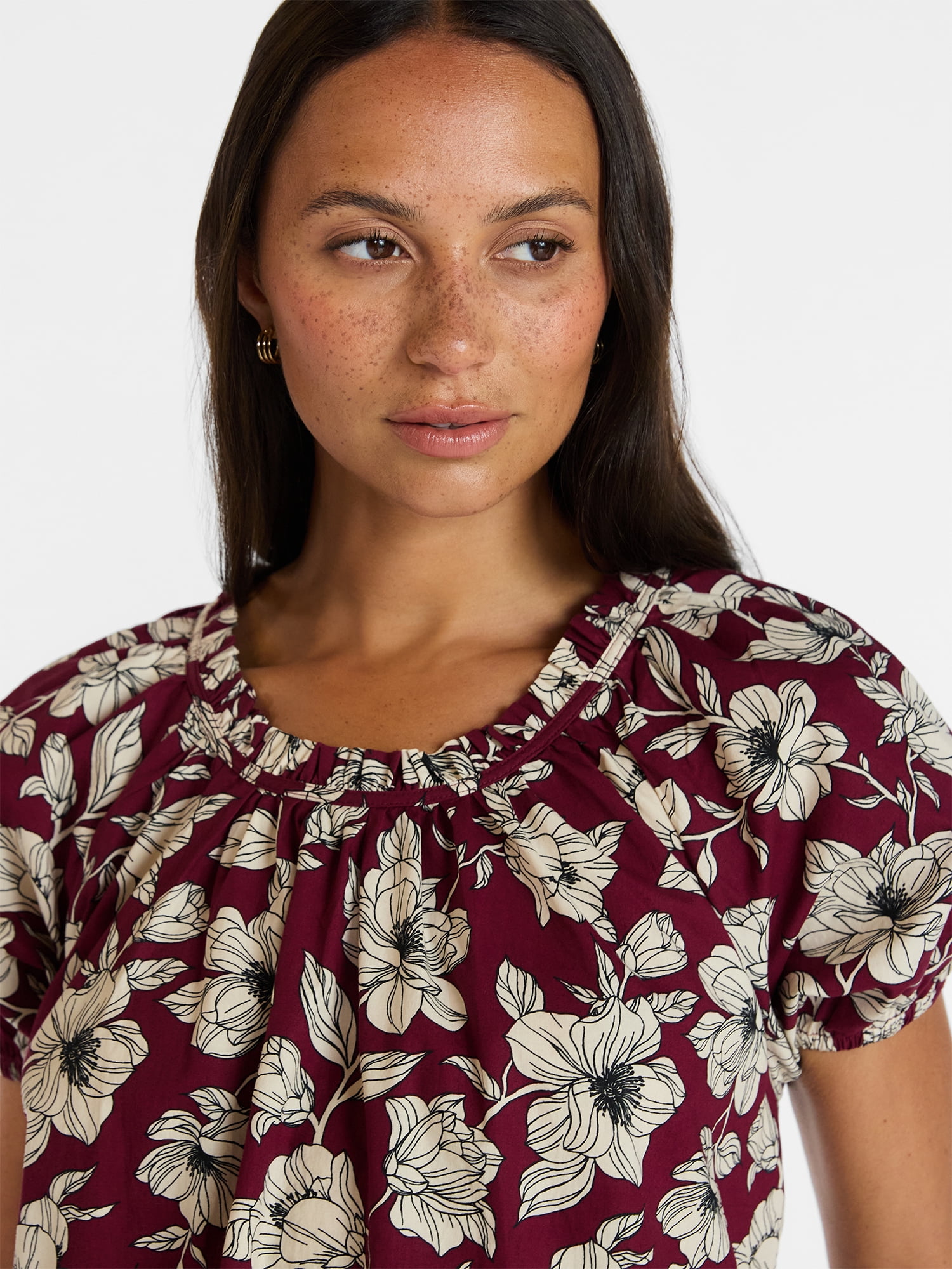 Time and Tru Women's Ruffle Neck Cotton Top with Short Puff Sleeves, Sizes XS-XXXL