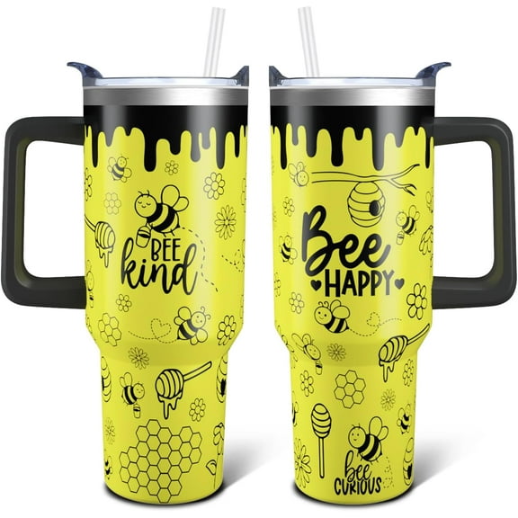 Bee Gifts 40 Oz Tumbler with Handle and Lid Straw, Yellow Bee Happy Stainless Steel Double Walled Vacuum Insulated Cup, Animal Lover Birthday Gifts for Women Girls