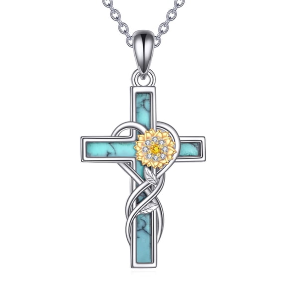 Sunflower Cross Necklace 925 Sterling Silver Sunflower Pendant Turquoise Jewelry Gift for Women