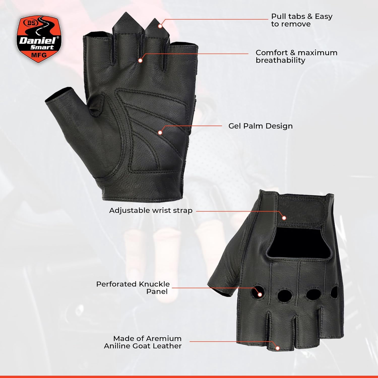 Daniel Smart Men’s Leather Gloves – Naked Goatskin Leather - Fingerless Motorcycle Gloves with Pull Tabs and Gel Palm