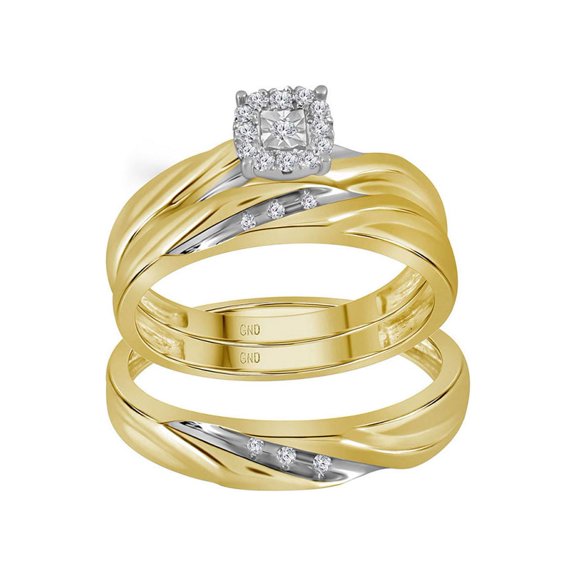 FB Jewels 10kt Yellow Gold His & Hers Round Diamond Solitaire Matching Bridal Wedding Ring Band Set 1/8 Cttw