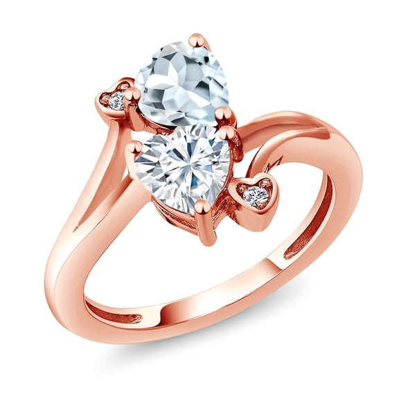 Gem Stone King 18K Rose Gold Plated Silver Sky Blue Aquamarine White Moissanite and White Diamond Ring for Women (1.56 Cttw, Heart Shape 6MM, Gemstone March Birthstone, Size 8)