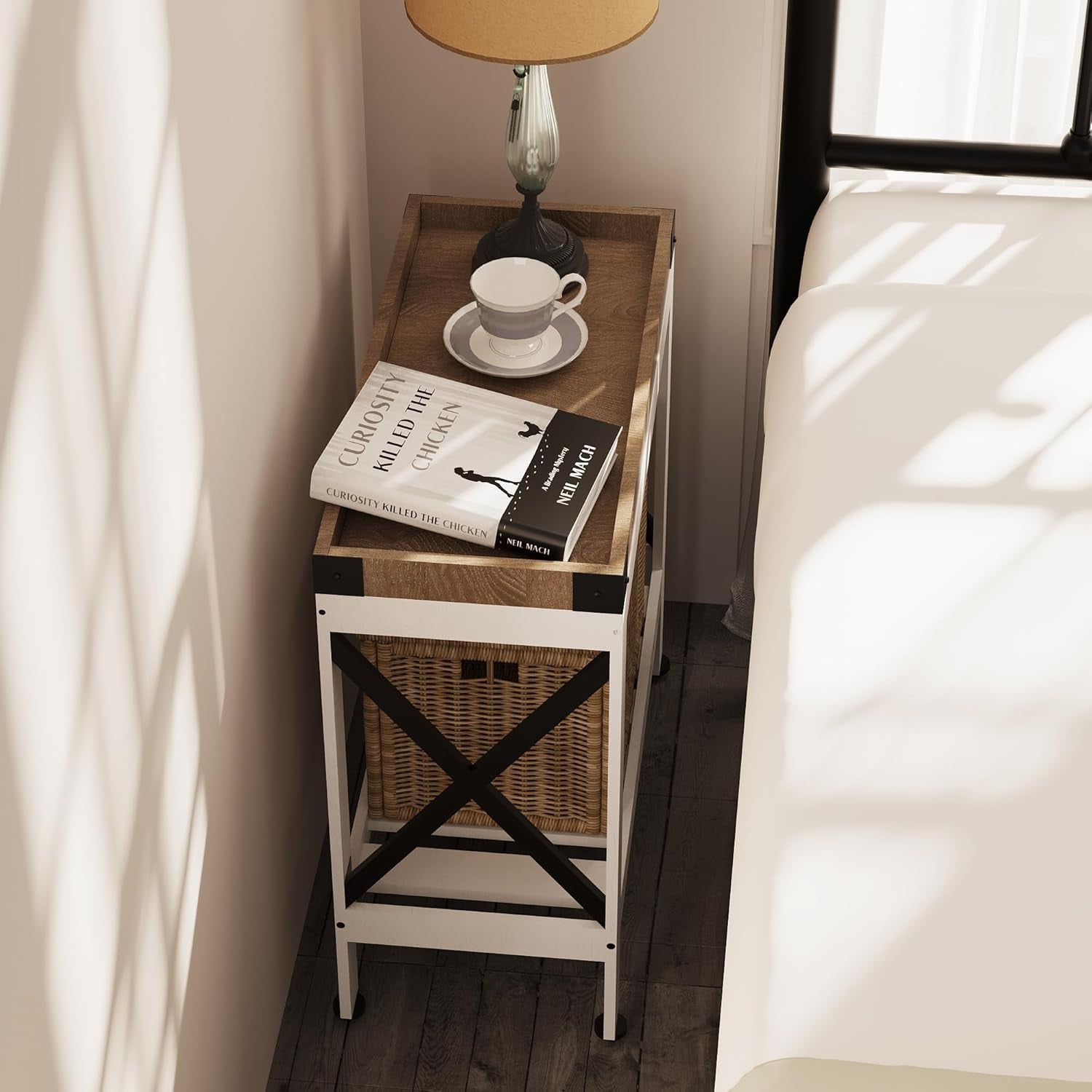 ZEXVIDA Narrow Side Table, End Table,Sofa Side Table, End Table Nightstand for Bedroom, Living Room, Small Spaces with 2 USB and 2 Power Outlets(with Outlets, White)