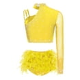 thumbnail image 2 of inlzdz Womens Dancewear Set Shiny Sequins One Shoulder Long Sleeve Crop Top with Feather Triangle Shorts Yellow XL, 2 of 6