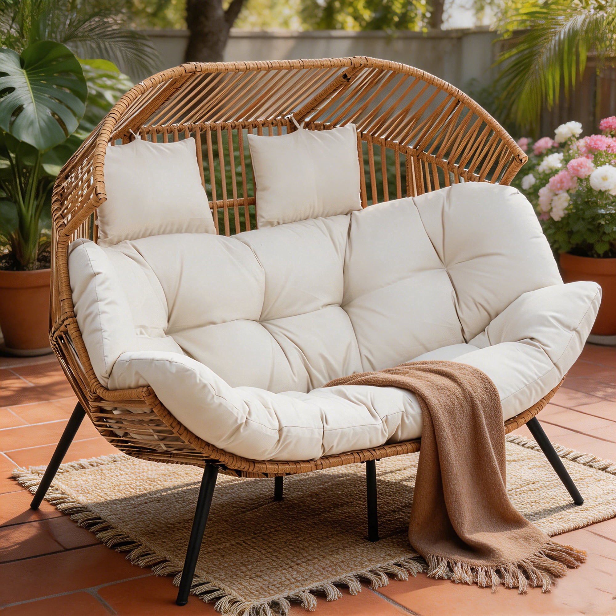Walsunny Double Egg Chairs Outdoor Patio Wicker Oversized Egg Shell Lounger Lawn Chair with Cushion for Indoor Outside Porch Balcony Backyard, Original Wood Color Rattan Beige Cushion