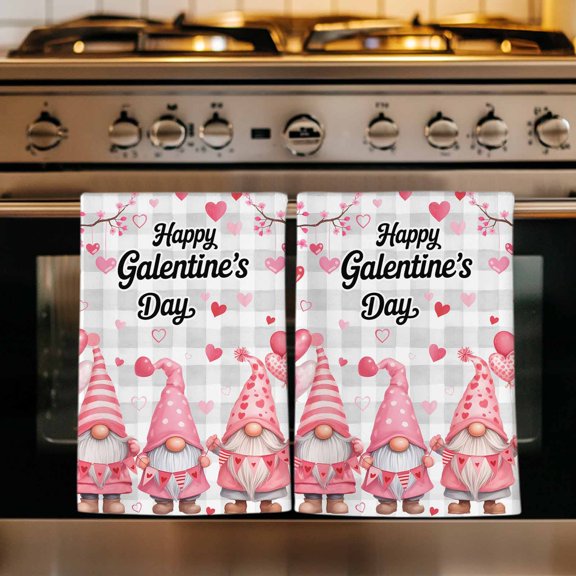 Galentine's Day Kitchen Towels Set of 3, Pink Gnomes Love Heart Grey Plaid Absorbent Dish Towels for Kitchen, Microfiber Hand Towel, Quick Drying Tea Towel for Cleaning Decorative Dishcloths