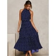 thumbnail image 2 of Women'S Summer Polka Dot Print Sleeveless Halter Neck Flowy Ruffle Hem Long Boho Dresses with Belt Blue XL, 2 of 7