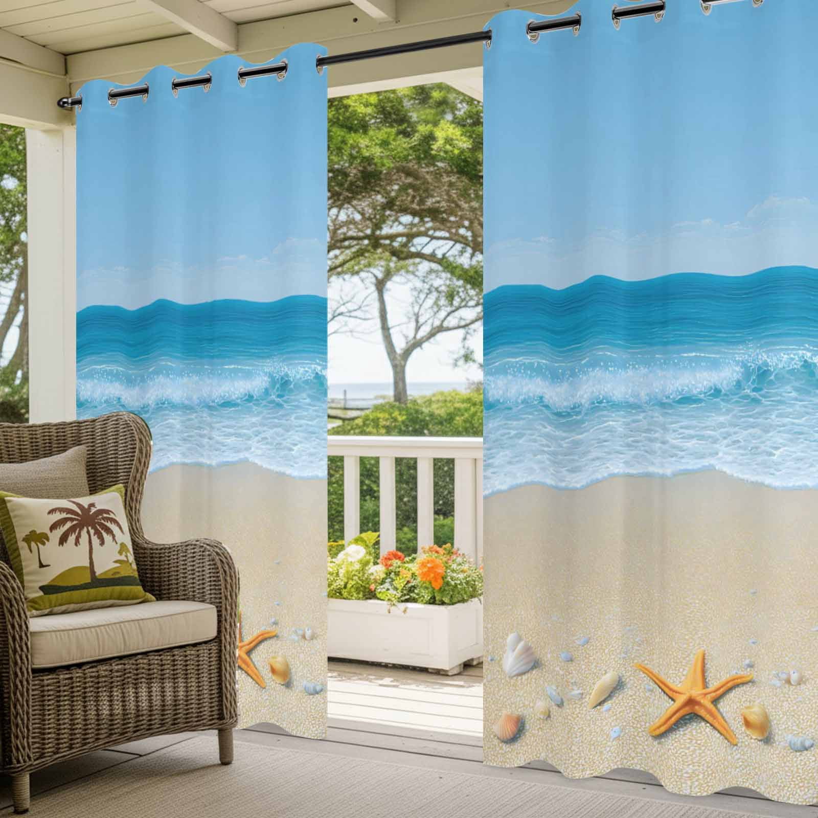 Summer Beaches Outdoor Curtains for Patio, Oceans Shells Starfish Conch Coastal Landscape Sunshade Privacy Drapes Grommet Waterproof Outside Curtains for Porch/Cabana/Balcony 54"x 108", 1 Panel