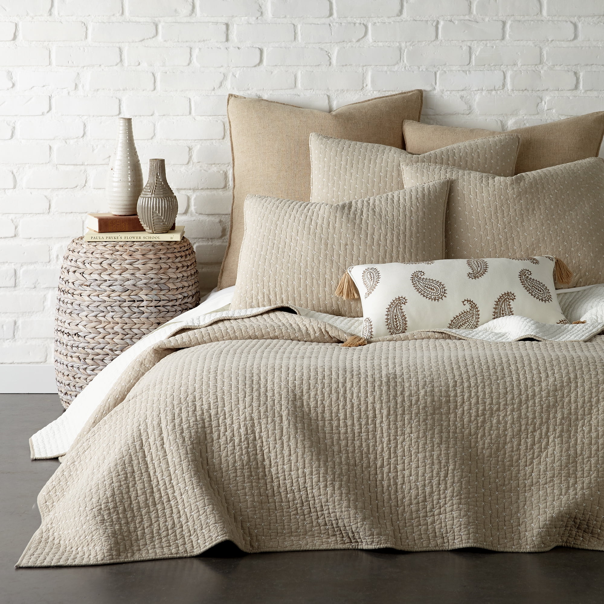 Levtex Home - Cross Stitch Quilt Set - 100% Cotton - King Quilt (106x92in.) + 2 King Shams (36x20in.) - Taupe