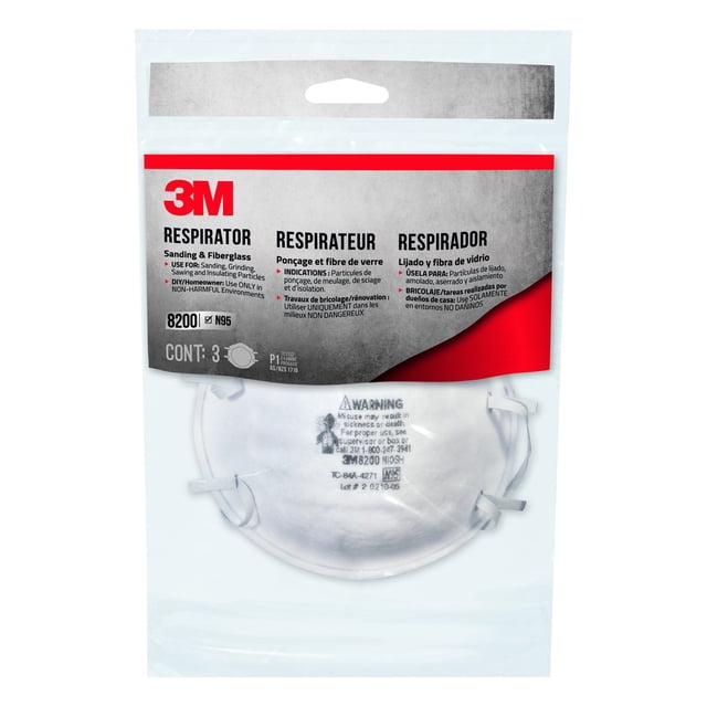 Respirador 3M 8200 N95, fibra de vidrio, lijado, paquete de 3