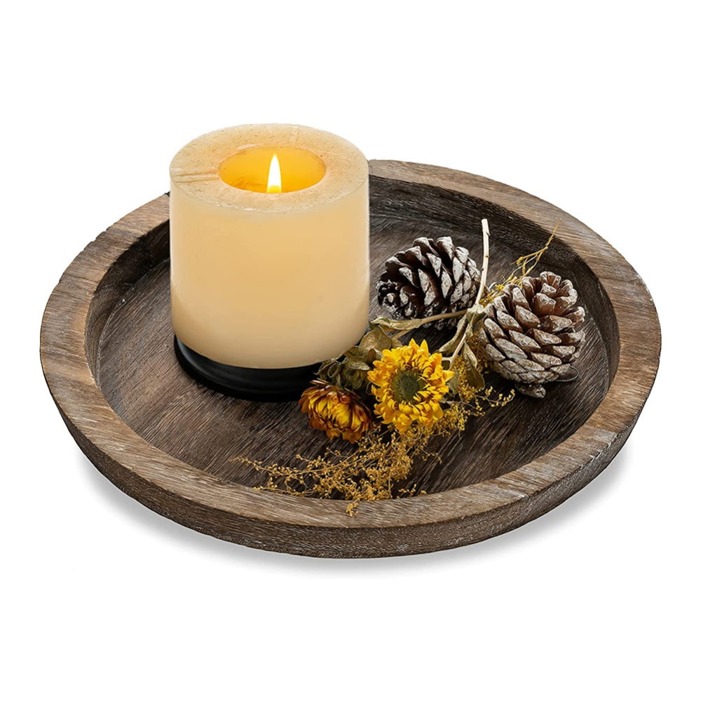 Dining Table Wooden Candle Tray Plate Center Piece Decorative Rock Accent Holder 