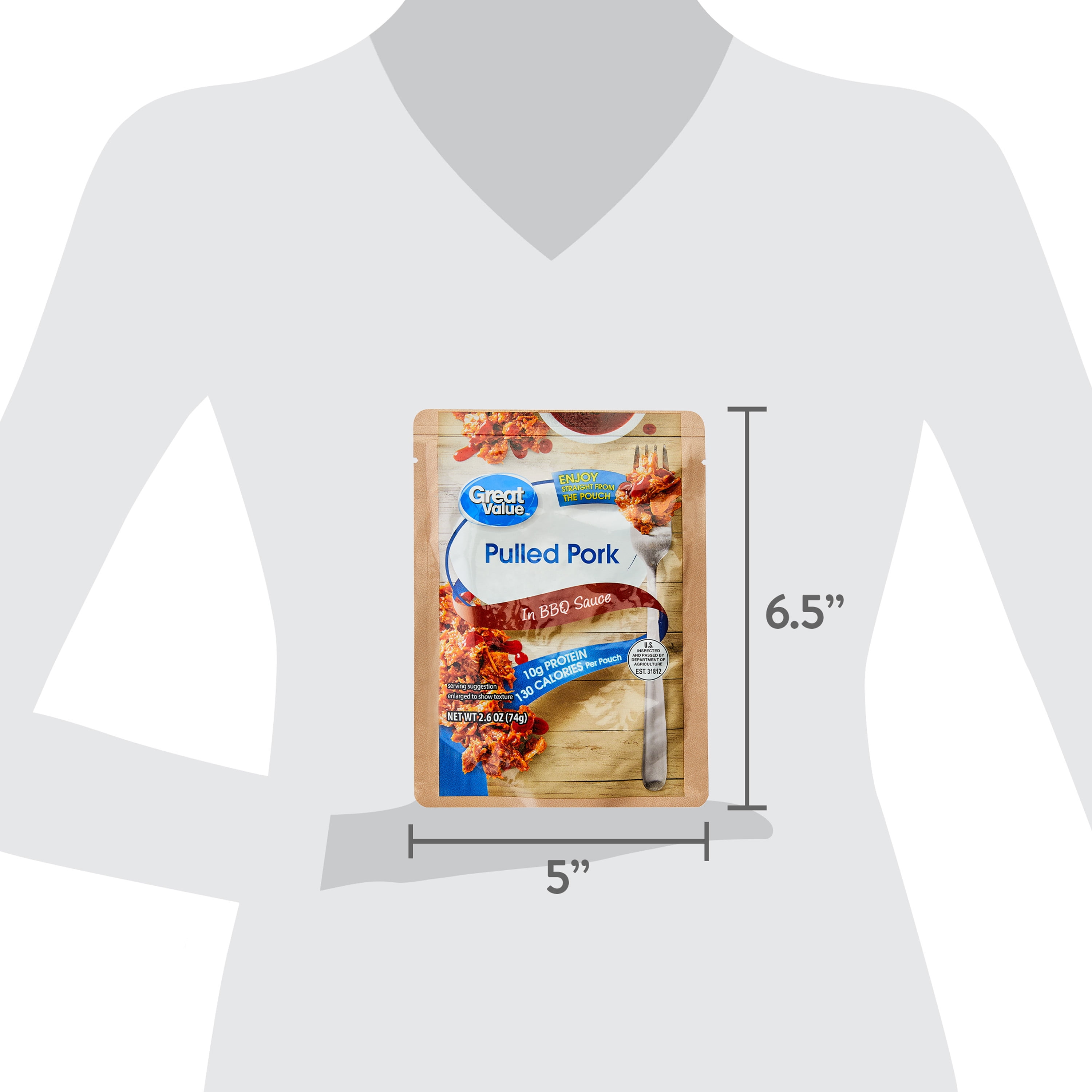 Great Value Pulled Pork, in BBQ Sauce, 2.6 oz Pouch