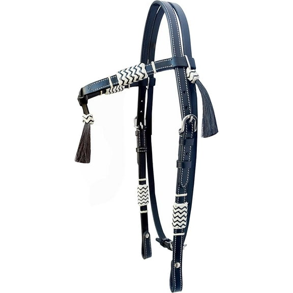 Black Leather Western Headstall Bridle Hand Braided White and Black Rawhide Knotting Futurity Knot Black Color Hair Tassels