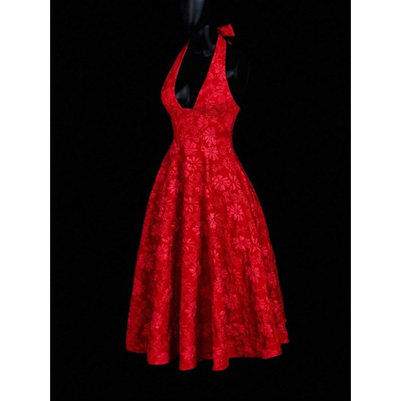 Red Halter Neck Deep V-Neck Backless Bowknot Floral Jacquard Fit & Flare Dress