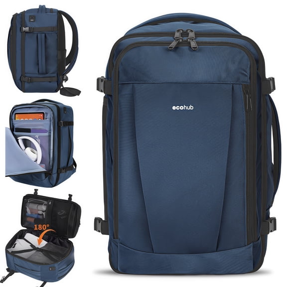 WANDF Airline Approved Travel Backpack with USB Port, 30L Waterproof Carry On Personal Item Bag 18x14x8 for Men Women, 13 Pockets Laptop Weekender Backpack, Daypack for Business Travel Gym,Blue