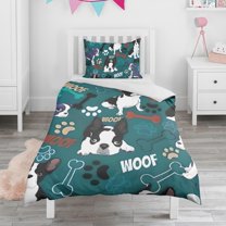 Boston Terrier with Bones and Paws Duvet Cover and Pillowcase Set for Single Bedding, Bedroom Accessories for Kids Teens