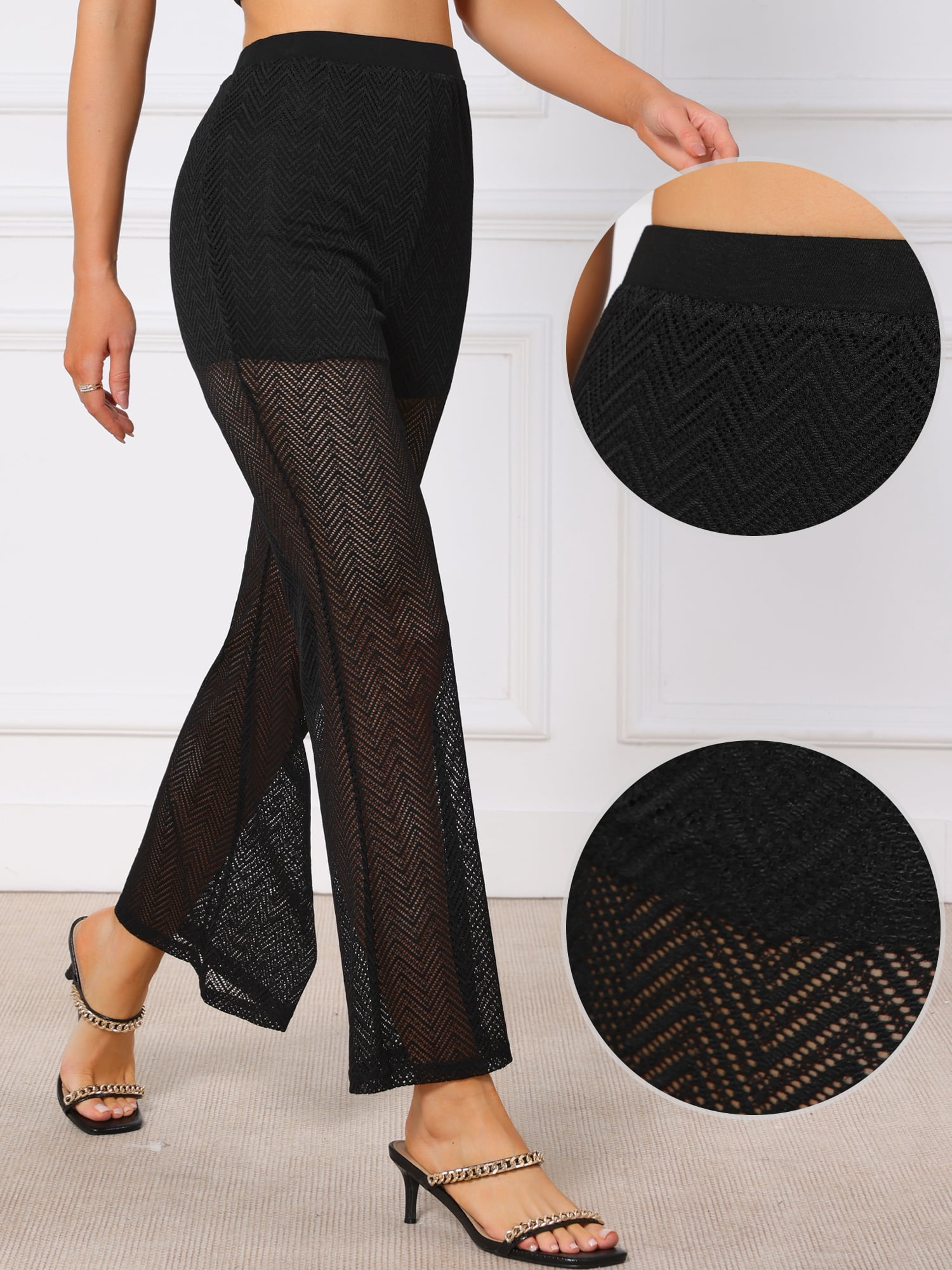 DARING DIVA Women's Sheer Mech Pants Dressy Flare Goth Long Trousers Medium Black