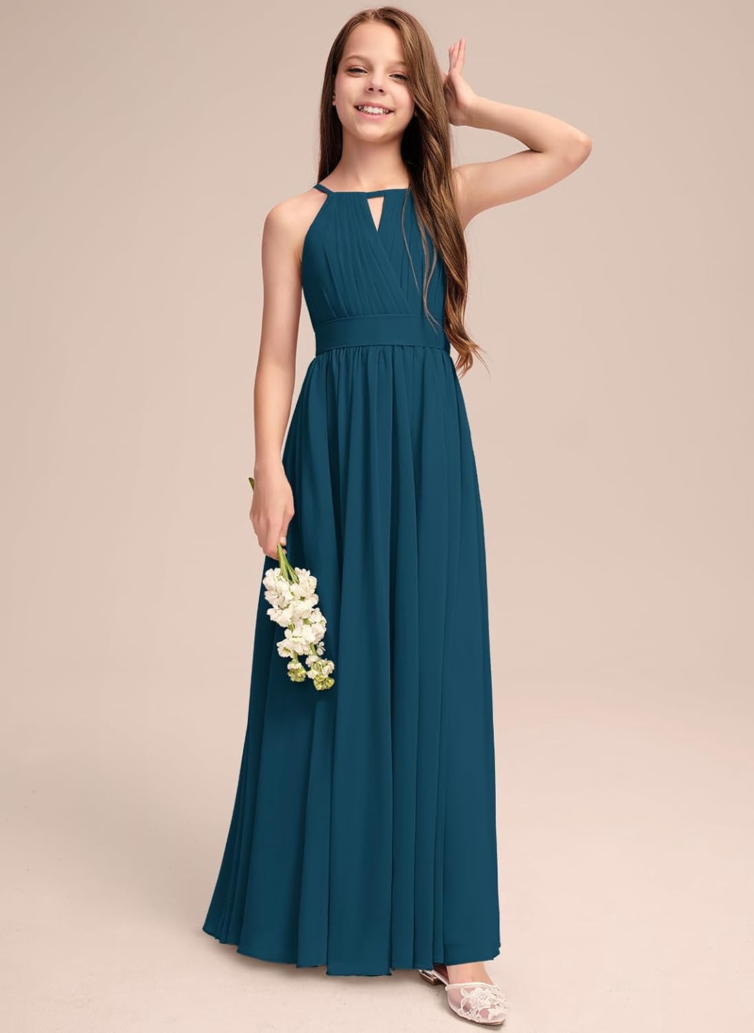 Drtj 2-14T Junior Bridesmaid Flower Girl Dresses Bow Pleated Halter Floor-Length Chiffon Formal Party Wedding Dress