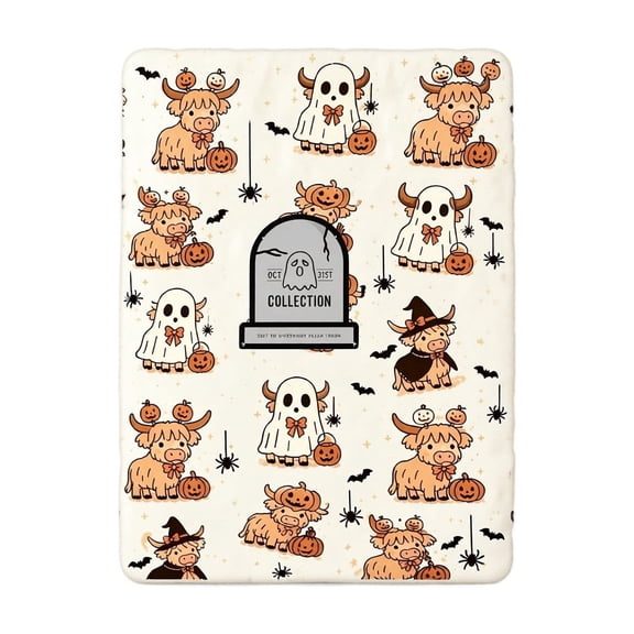 Cute Halloween Highland Cow Ghost Plush Throw Blanket Flannel Cozy Halloween Decor Blanket for Bed Sofa Couch