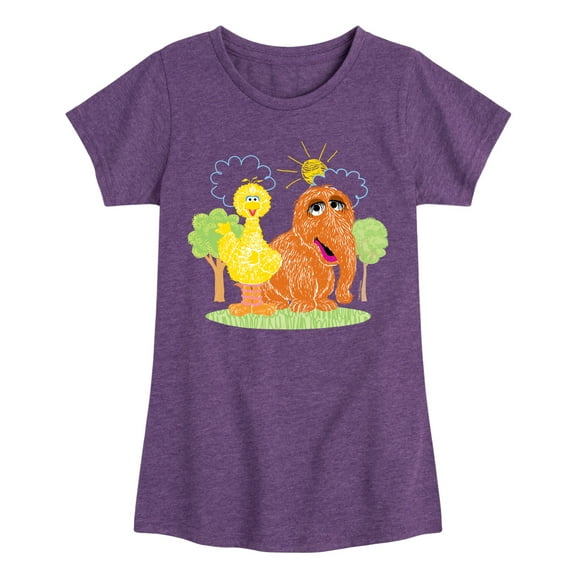 Sesame Street - Scribble Big Bird Snuffleupagus - Girls Fitted Short Sleeve Graphic T-Shirt