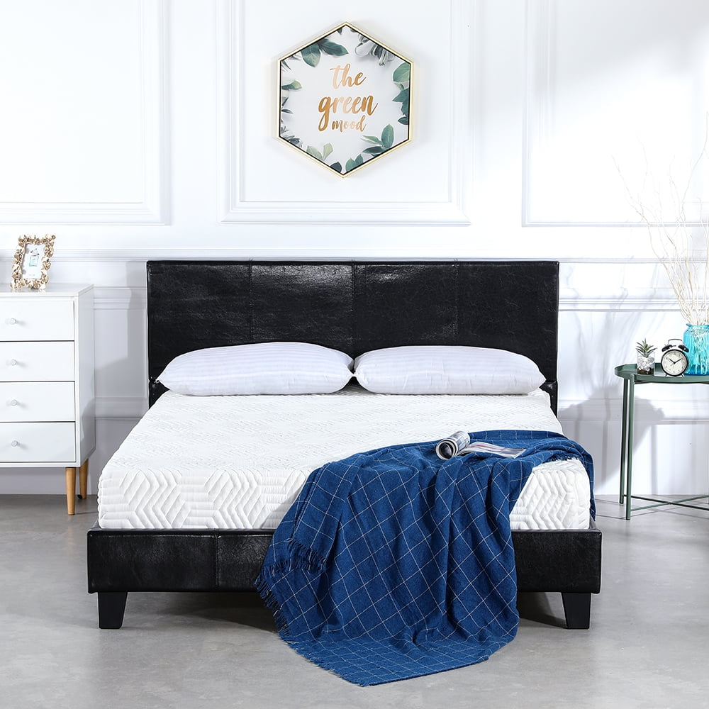 Twin Size Metal Bed Frame w/ Faux Leather Upholstered Headboard Bedroom Black 