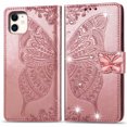 thumbnail image 1 of Étui Portefeuille pour iPhone 12 Mini 5.4 Pieds, Étui de Protection en Cuir PU avec Sangle de Poignet et Fentes pour Cartes, Support en Relief Papillon Fleur pour iPhone Or Rose, 1 of 9