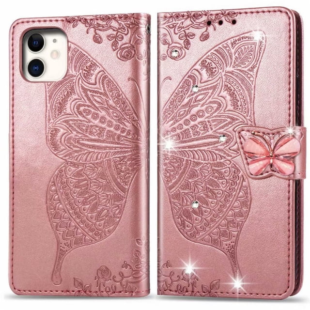 Étui Portefeuille pour iPhone 12 Mini 5.4 Pieds, Étui de Protection en Cuir PU avec Sangle de Poignet et Fentes pour Cartes, Support en Relief Papillon Fleur pour iPhone Or Rose