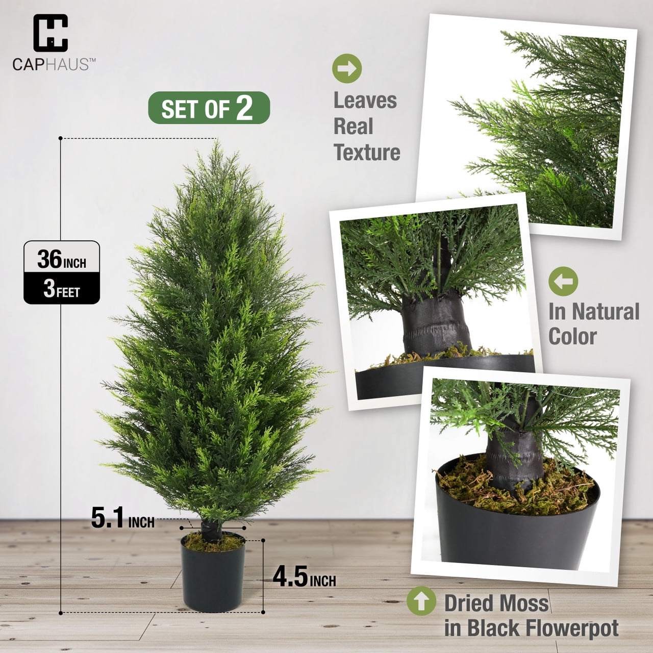 CAPHAUS 3 FT, 36 Inch Artificial Cedar Tree set of 2, Natural Faux Plants for Outside Planter, UV Resistant, Fake Boxwood Topiary w/ Dried Moss, Artificial Tree Indoor, Outdoor Patio Decor