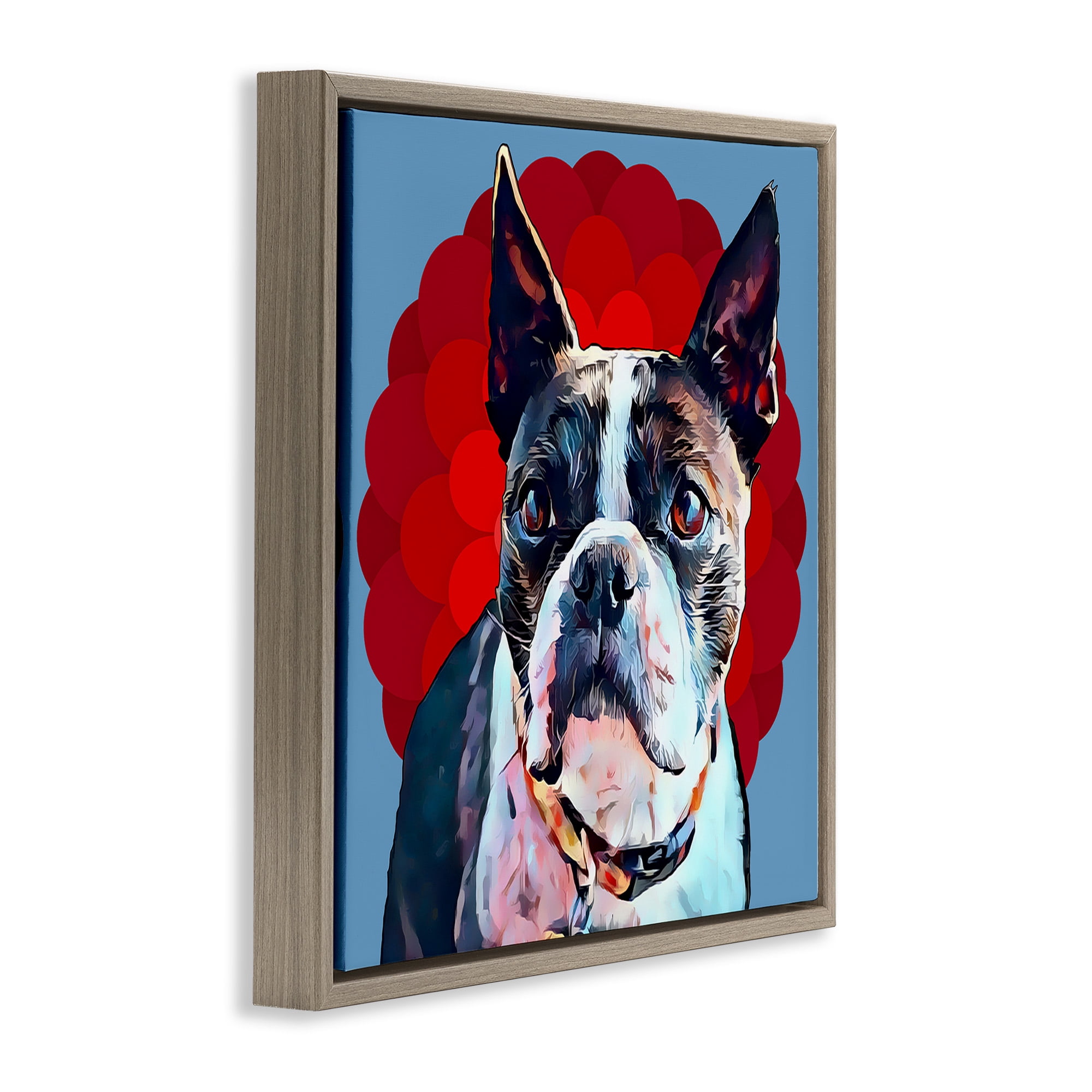 Stupell Industries Boston Terrier Dog over Geometric Animals & Insects Painting Brown Floater Framed Canvas Art Print Wall Art, 25 x 25