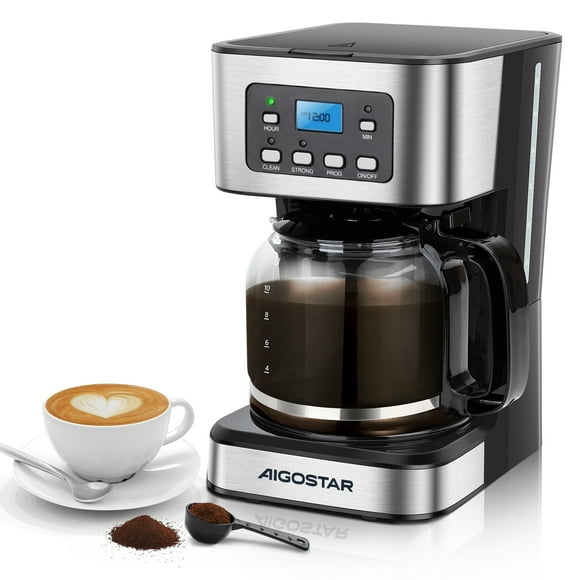 Aigostar Cafetera de goteo, Pantalla LCD, Filtro Reutilizable, Programable, Función Auto Limpieza (Descalcificación), Capacidad 1,8L(12 tazas), Función Mantener Caliente. Sin BPA