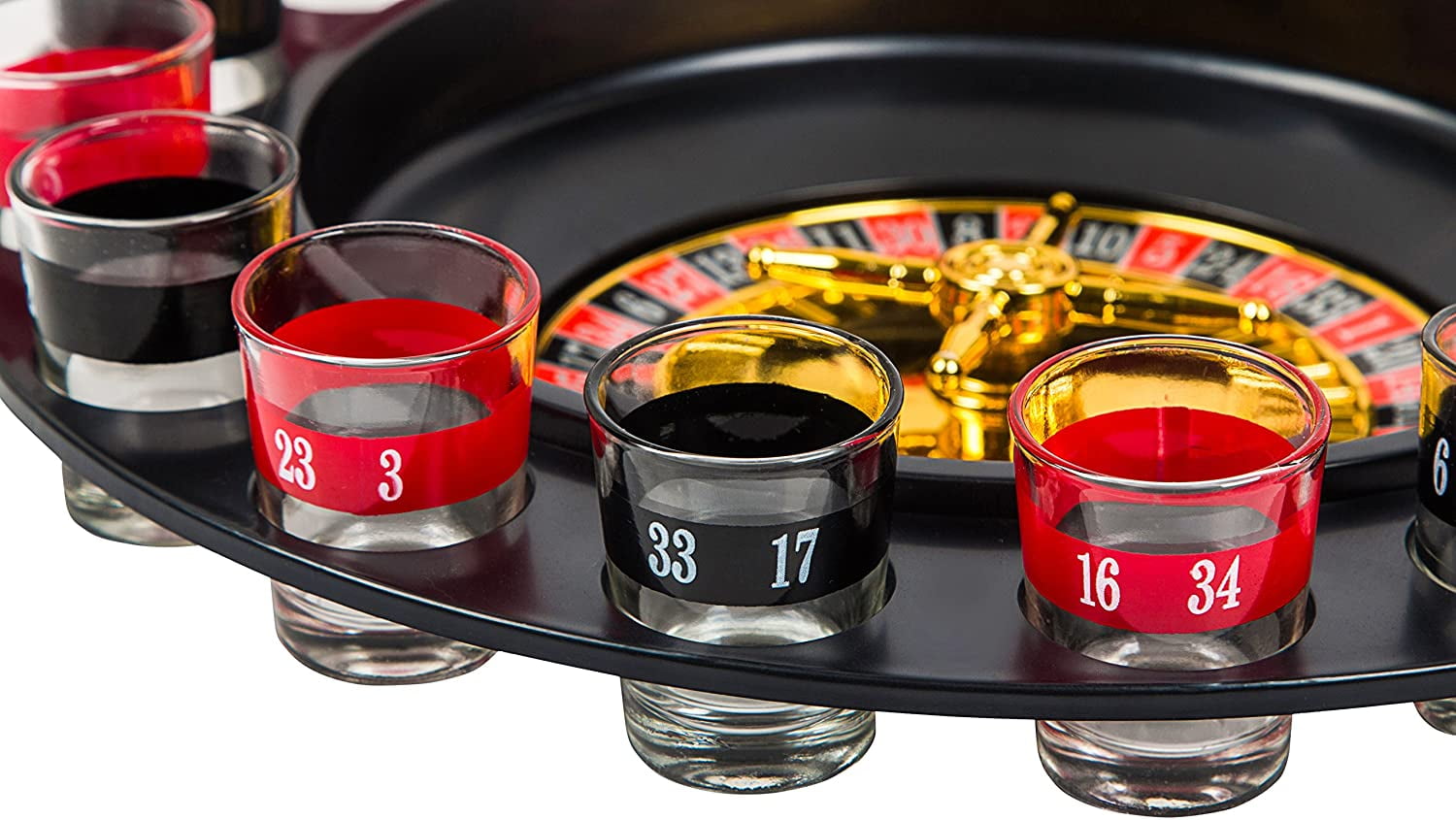Shot Glass Roulette Drinking Game and Poker Playing Cards Set - Spinning Wheel, 2 Balls and 16 Shot Glasses - Casino Adult Party Games