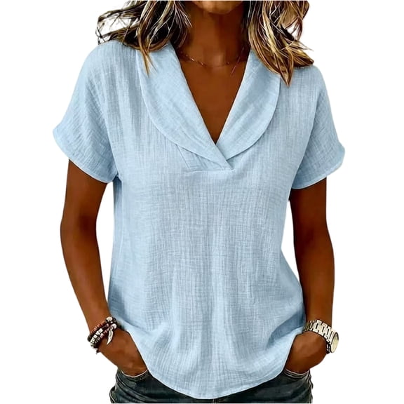 Linen Tops for Women Shawl Collar V Neck Short Sleeve Gauze Shirts Summer Lightweight Dressy Casual Blouses Light Blue XXL